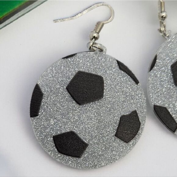 Soccer Ball Earrings Large Glitter Acrylic Dangle Pierced Sport Fan Jewelry - Picture 3 of 6